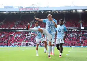 Manchester Cityn Erling Haaland juhlii maalia Old Traffordilla syyskuussa 2026